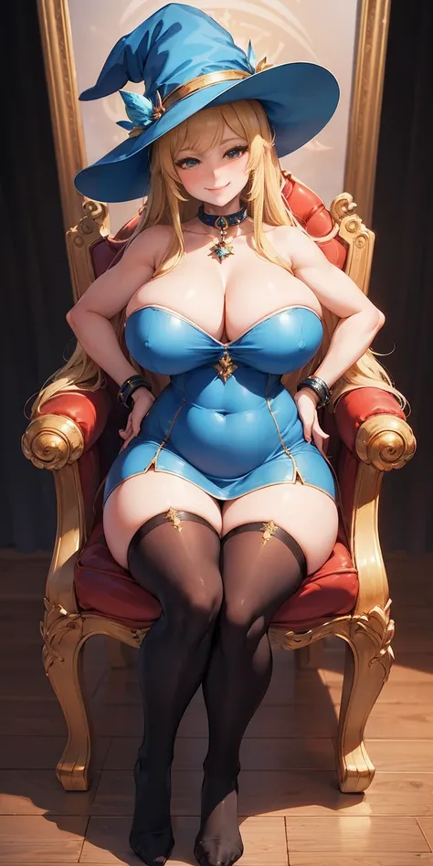 (4k, Prominence in Masterpiece, High Quality, Best Quality: 1.2) full body, 1 child female, solo, 1 girl, lustful smirking smile blush, looking at viewer, sitting on chair with legs crossed, big black thighs stocking, big breasts (cover with blue) ((SFW)),...