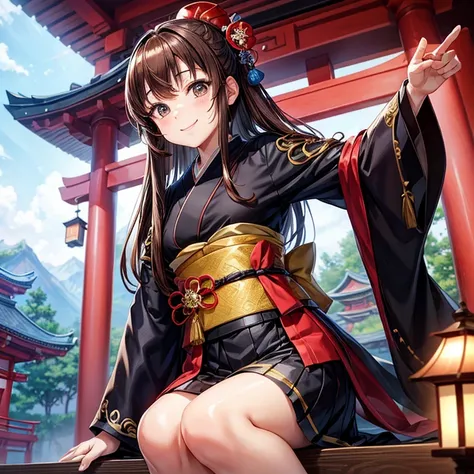 animesque、a beauty girl、First visit、kimono、shrines、present、frontage、Brown hair、Black eyes glow、A smile、