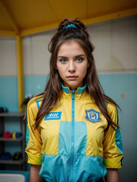 un primer plano de una mujer con un uniforme de animadora azul y amarillo, Aspecto Brooke Ashling.