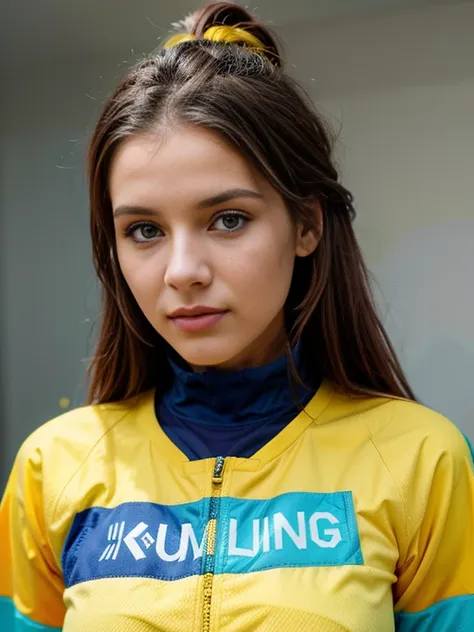 un primer plano de una mujer con un uniforme de animadora azul y amarillo, aspecto brooke ashling.