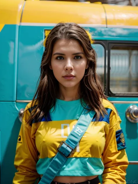 un primer plano de una mujer con un uniforme de animadora azul y amarillo, aspecto brooke ashling.