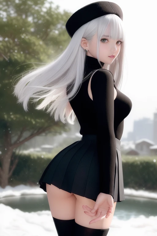 (Short flowy haircut) ,(((winter season))), solo girl, cute medium side bangs, (((white hair))), ((winter landscape with trees and a small pond in the background)) , ultra detailed, young adult Korean woman , wearing simple pearl earrings and heart shaped ...