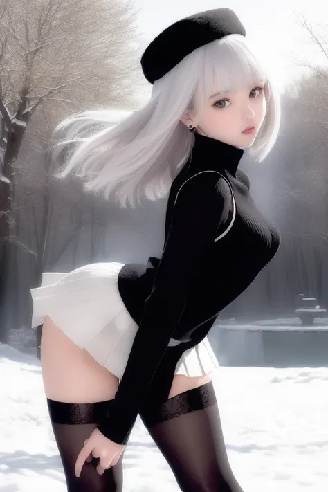 (Short flowy haircut) ,(((winter season))), solo girl, cute medium side bangs, (((white hair))), ((winter landscape with trees and a small pond in the background)) , ultra detailed, young adult Korean woman , wearing simple pearl earrings and heart shaped ...