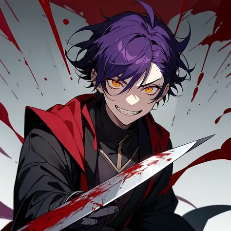 1 boy, dark purple hair, yellow eyes, black noble cloth, calm face, handsome, bored face, villain, blood everywhere, grin, blood...