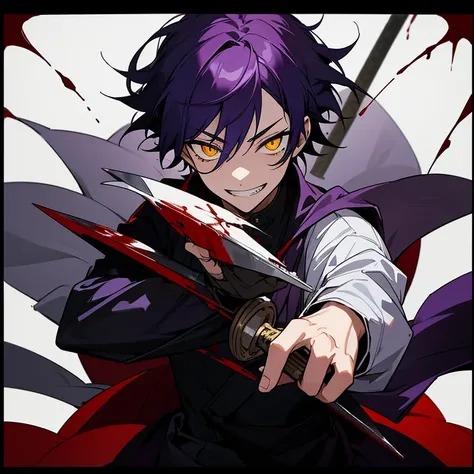 1 boy, dark purple hair, yellow eyes, black noble cloth, calm face, handsome, bored face, villain, blood everywhere, grin, blood on the face, blood on the cloth, crazy face, Laugh, armed with a bloody chopping knife, 15 years old boy, glowing yellow eyes, ...