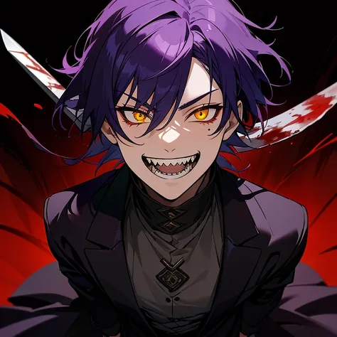 1 boy, dark purple hair, yellow eyes, black noble cloth, calm face, handsome, bored face, villain, blood everywhere, grin, blood...