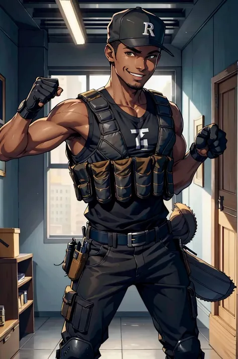 Resident Evil style, ((one 20 year old African-American male)), black fade haircut, brown eyes, smiling, ((wearing a baseball cap)), tactical combat gear, sleeveless shirt, finger-less gloves, bulletproof vest, standing in a mansion, skinny,