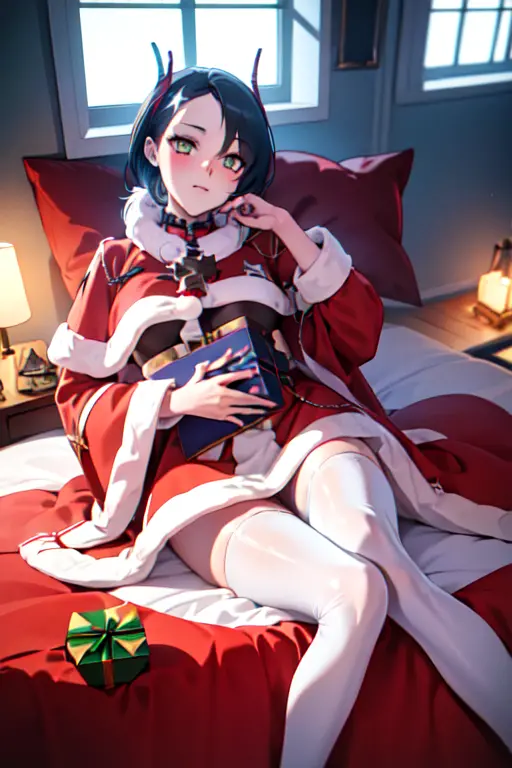 "ulrich von hutten from azur lane , santa claus costume with no bear, giving a gift to the viewer, cozy house, christmas decorat...