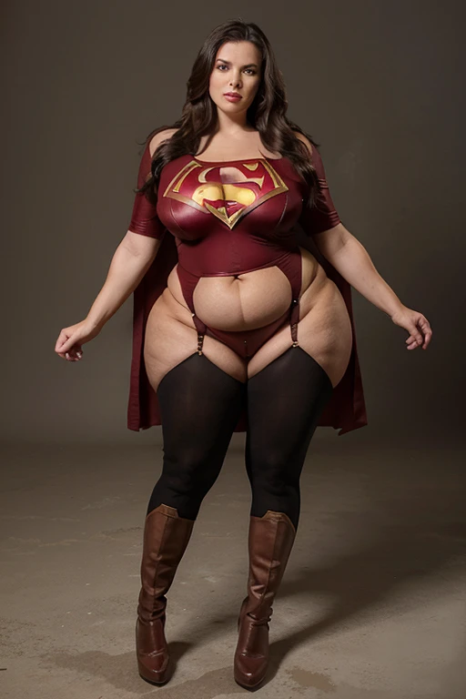 (mature superheroine bbw , full body,), hands on hips and legs apart, hypno,