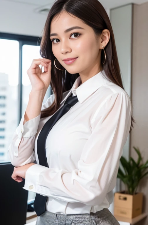 1 mulher SEO de uma Empresa de sucesso , sozinho, separated-lips, office lady, business attire,
fundo branco, arms behind her head, lado olhando para a plateia, sorrindo,