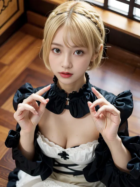 (1girl),clothes in disarray,gothic lolita, (big breasts: 1.2), gravure, beautiful Japanese, (from above) ,looking at viewer,(reaching out),(snicker),bust shot,(blonde),(short hair),22years old,