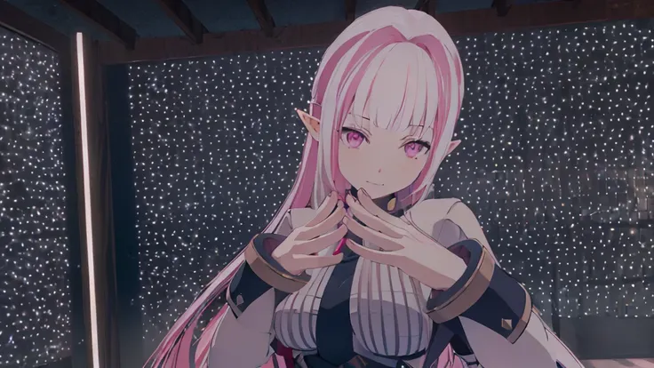 Original, masterpiece, high quality, 1girl, solo, extremely long hair, white hair with pink highlights, pink eyes, elf ears, black bodysuit, heels, spellcaster, eminence in shadow,