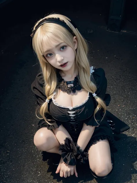 (1girl),clothes in disarray,(gothic lolita:1.5), (big breasts: 1.2), gravure, beautiful Japanese, (from above:1.5) ,(looking at viewer),(kneeling pose),smirk,(upper body),(blonde),(short hair),22years old,