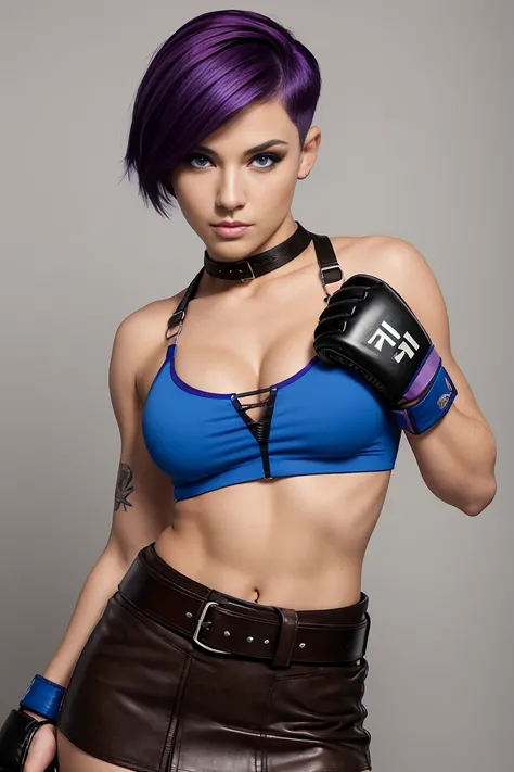 25 year old woman with short undercut violet hair dressed as a mma fighter in a skimpy crop top with leather miniskirt, cleavage, belt. Blue eyes with eye liner. Neutral background