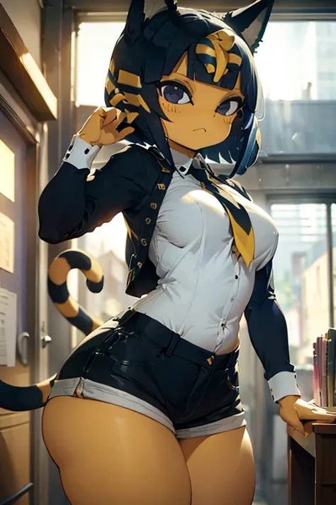 ankha, anime style, catgirl, cat ears, yellow fur, blue hair, blue cat tail, yellow stripes tail, shorts hair, wide hips, thick thighs, huge round ass, medium breast, business suit, formal suit, white shirt, long sleeve black formal suit, black necktie, bl...