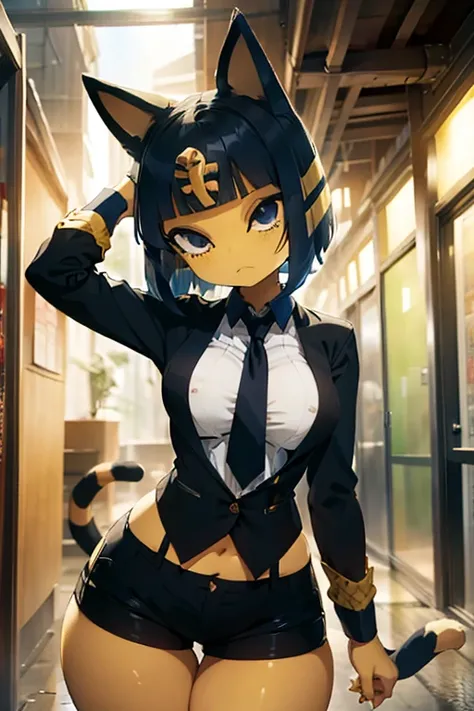 ankha, anime style, catgirl, cat ears, yellow fur, blue hair, blue cat tail, yellow stripes tail, shorts hair, wide hips, thick thighs, huge round ass, medium breast, business suit, formal suit, white shirt, long sleeve black formal suit, black necktie, bl...