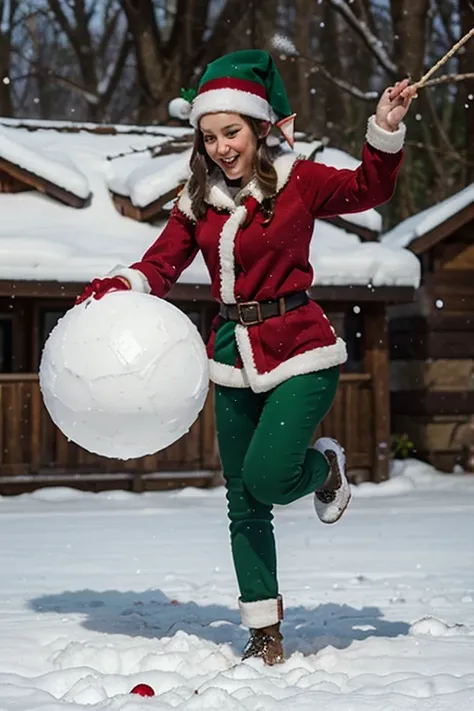 christmas elf ready to throw a snowball, style of an oil painting,