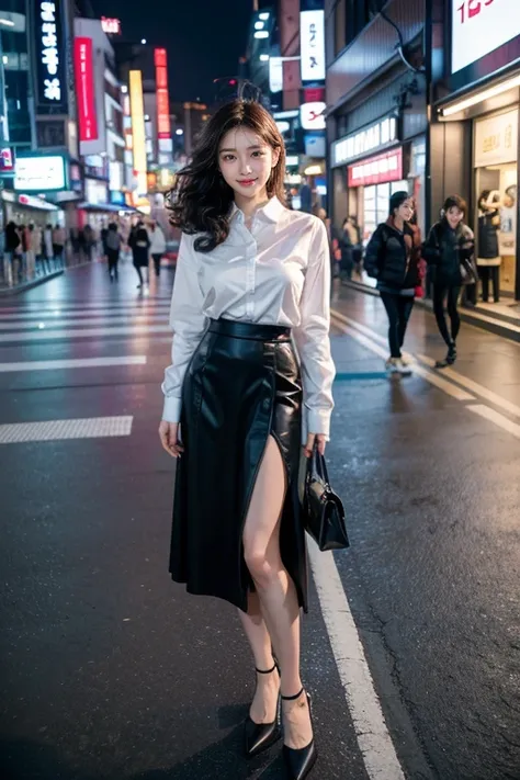 Full body photo, stand posture, tmasterpiece, Best quality at best, RAW photogr, hoang lap, hyper HD, 1个Giant Breast Girl, curlies, long gray black hair, Perfect fingers and slender legs, perfect big smile, yak,Look up at the audience, (((Seoul Street))), ...