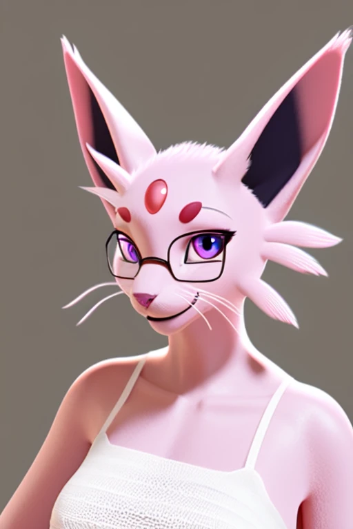 ((best quality)), ((masterpiece)), (detailed), perfect face, solo, anthro, mammal, , hair, ring piercing, 3d (artwork), female, grey background, clothing, hi res, fur, background, clothed, digital media (artwork), whiskers, espeon, smile, portrait, glasses