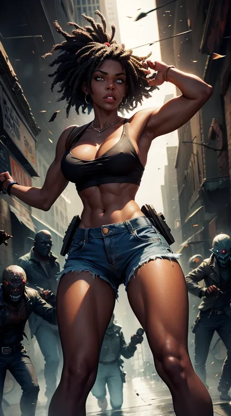 African American woman, fighting zombies