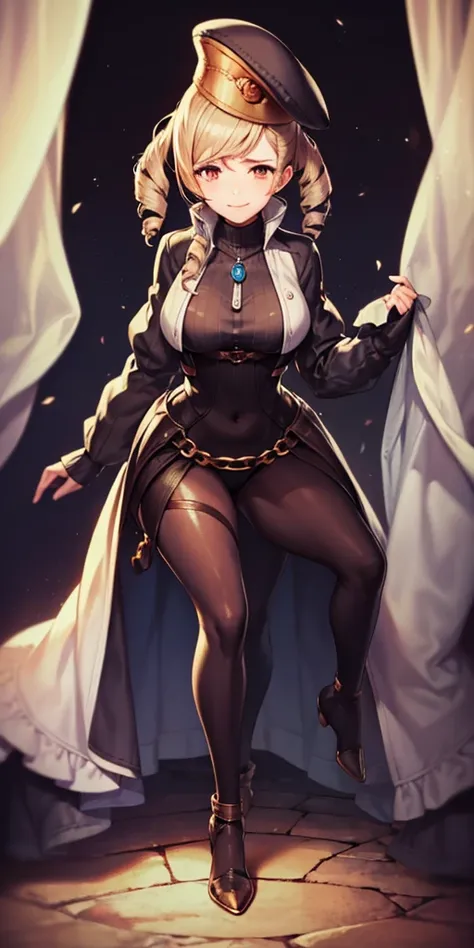 (4k, Prominence in Masterpiece, High Quality, Best Quality: 1.2) full body, 1 child female, solo, 1 girl, lustful smirking smile blush, looking at viewer, sitting on chair with legs crossed, big black thighs stocking, big breasts (cover with blue) ((SFW)),...