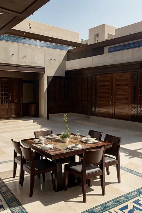 "Incorporate Islamic architectural elements into a contemporary design for a multi-functional building that seamlessly integrates modern restaurants. Consider traditional motifs, geometric patterns, and cultural influences to create a harmonious blend of I...