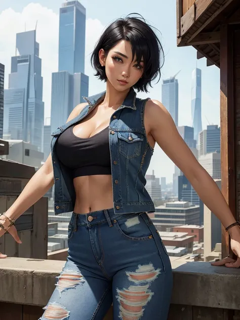 beautiful woman, short black hair, undercut, wearing torn denim waistcoat, large breast, tight ripped denim jeans, rooftop tropical city skyline, masterpiece, intricate detail, hyper-realistic