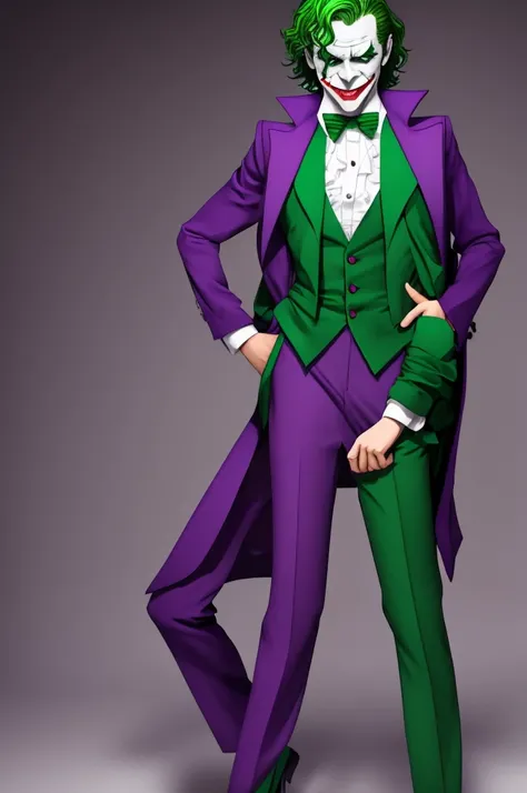 Joker dressed as a girl,( woman) full body shot,  green hair, green eyes, purple pants, purple suit