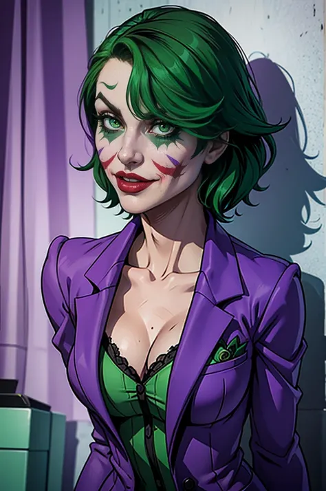 Joker dressed as a girl, full body shot,  green hair, green eyes, purple pants, purple suit, close up the face, portrait