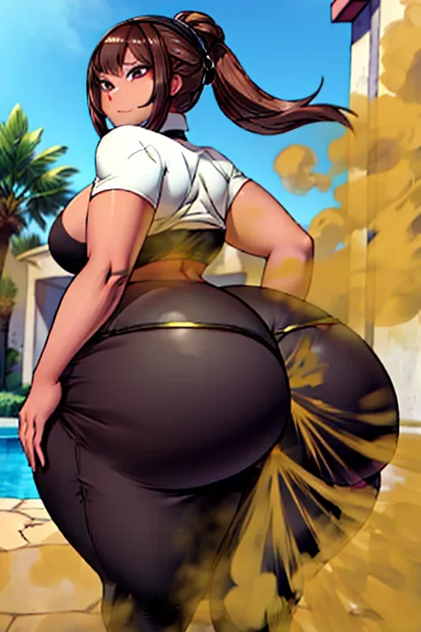 Un primer plano de una mujer con pantalones negros ajustados de pie frente a una valla, big booty, Thicc, Tiro extremadamente cercano, brown hair and a perfect body, en el patio, Belleza asombrosa, agacharse, curvy accentuated booty, close-up shot from beh...