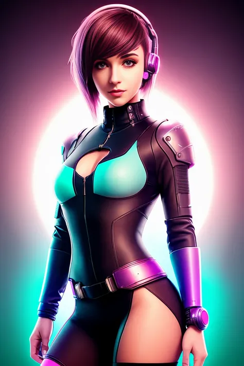 1girl, Cyberpunk, (corpo inteiro:1.1), coxas, clivagem, olhos perfeitos, rosto perfeito, Kuvshinov, (GRADIENT BACKGROUND:1.2), full body standing looking at viewer.