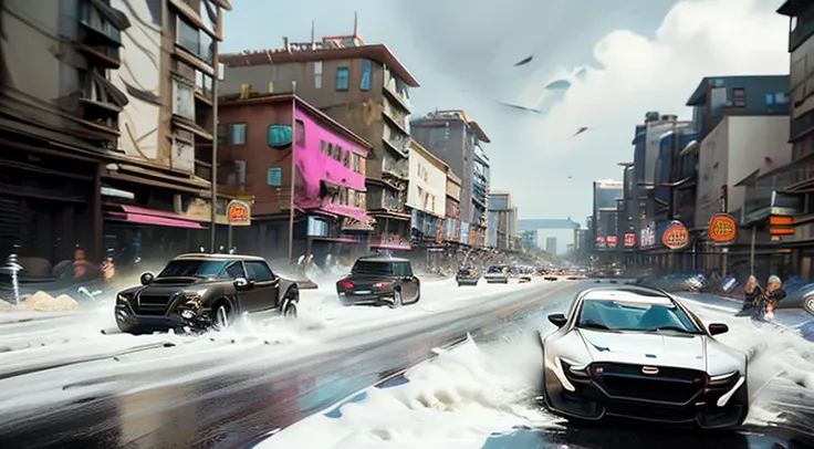 Style: Concept art. The scene: Futuristic cityscapes with towering skyscrapers and sleek aerodynamic vehicles speeding through the air. High-resolution OLED GUI interfaces in the building&#39;s windows are filled with transparent data visualization infogra...