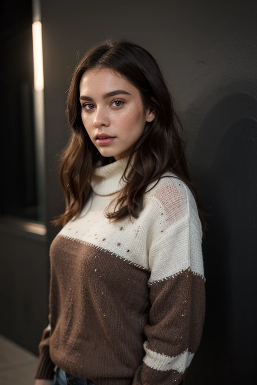 ((best quality)), ((masterpiece)), (detailed), perfect face realistic photo of beautiful woman with long dark brown hair, Russian, influencer, light freckles, dark brown eyes, big lips, no makeup, instagram, standing next to black wall, wearing sexy lond w...