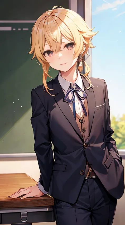 Genshin Ray leans against the table in his school uniform