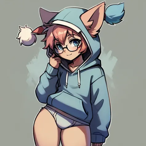 Moogle boy wearing glasses briefs light blue fur hoodie