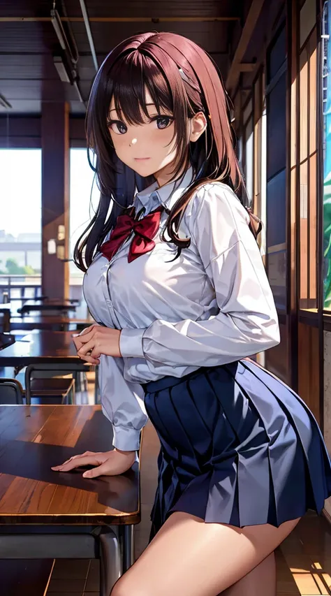 Genshin Ray leans against the table in his school uniform