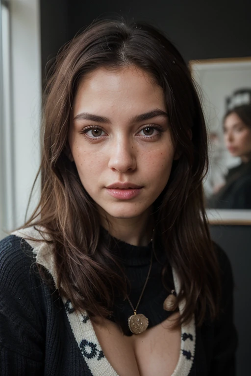 ((best quality)), ((masterpiece)), (detailed), perfect face realistic photo of beautiful woman with long dark brown hair, Russian, influencer, light freckles, dark brown eyes, big lips, no makeup, instagram, standing next to black wall, wearing sexy lond w...