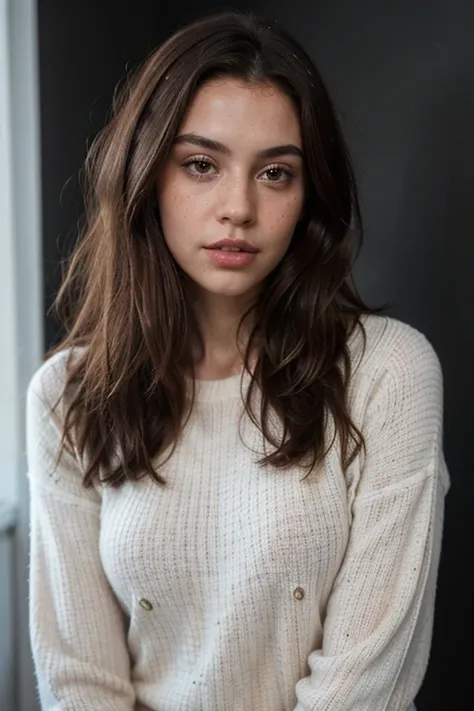 ((best quality)), ((masterpiece)), (detailed), perfect face realistic photo of beautiful woman with long dark brown hair, Russian, influencer, light freckles, dark brown eyes, big lips, no makeup, instagram, standing next to black wall, wearing sexy lond w...