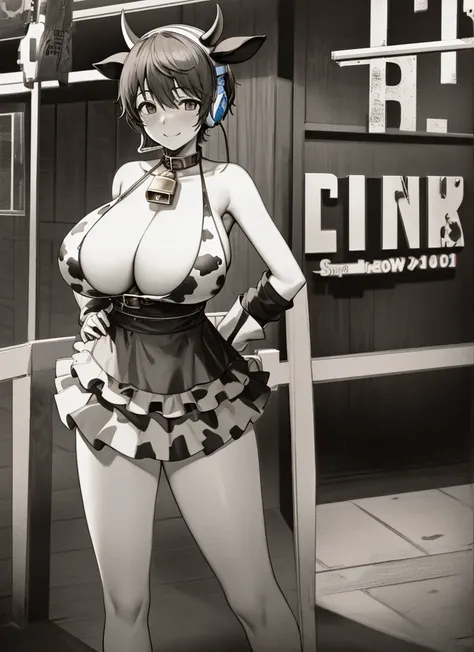 full body standing straight symmetrical, huge boob(masterpiece, best quality:1.2), cowboy shot, solo, 1MILF, mmplatz, smile, looking at viewer, hands on hips, oikawa shizuku, huge breasts,  cow print, cow girl, cow horns, cowbell, neck bell,  cow ears, cow...