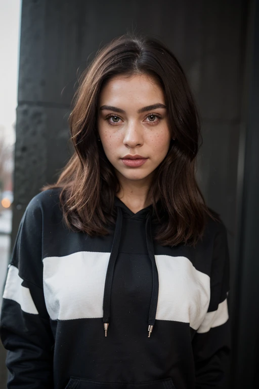 ((best quality)), ((masterpiece)), (detailed), perfect face realistic photo of beautiful woman with long dark brown hair, Russian, influencer, light freckles, dark brown eyes, big lips, no makeup, instagram, standing next to black wall, wearing sexy long w...