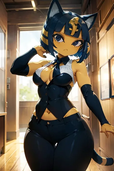 ankha, anime style, catgirl, cat ears, yellow fur, blue hair, blue cat tail, yellow stripes tail, shorts hair, wide hips, thick thighs, huge round ass, medium breast, business suit, formal suit, white shirt, long sleeve black formal suit, black necktie, bl...