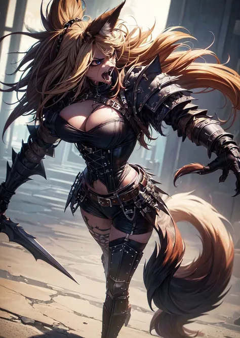 ((best quality, masterpiece, 4k, 8k, high res)), ((Solo)), ((vicious, extremely violent, attacking, fighting)), ((furry; Anthro Wolf)), moist, blonde, attacking, ferocious, fangs, full body, female werewolf, sexy, vibrant colors, (edgy punk hairstyle), kni...