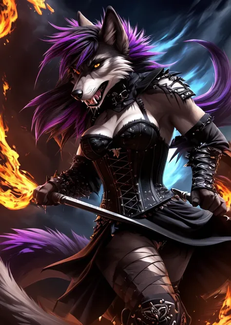 ((best quality, masterpiece, 4k, 8k, high res)), ((Solo)), ((vicious, extremely violent, attacking, fighting)), ((furry; Anthro Wolf)), moist, brunette, attacking, ferocious, fangs, full body, female werewolf, sexy, vibrant colors, (edgy punk hairstyle), k...