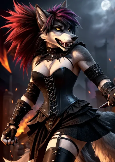 ((best quality, masterpiece, 4k, 8k, high res)), ((Solo)), ((vicious, extremely violent, attacking, fighting)), ((furry; Anthro Wolf)), moist, brunette, attacking, ferocious, fangs, full body, female werewolf, sexy, vibrant colors, (edgy punk hairstyle), k...