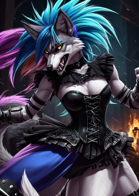 ((best quality, masterpiece, 4k, 8k, high res)), ((Solo)), ((vicious, extremely violent, attacking, fighting)), ((furry; Anthro Wolf)), moist, blue hair, attacking, ferocious, fangs, full body, female werewolf, sexy, vibrant colors, (edgy punk hairstyle), ...