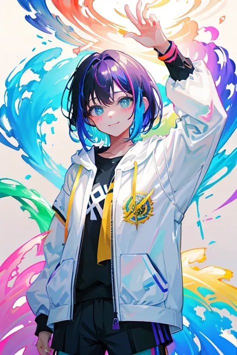 rainbowペイント、完全にrainbowペイントで作られた女の子、short-hair、A slight smil、entirely paint、1girl、すべてのrainbowペイント、HDR、(intricate-detail、ultra-detailliert:1.12)、gorgeous lighting、rainbow、Paint Splatter、Splash、非常にrainbow、highly colorful、neons、paint drops、rainbowペイントの背景、color...