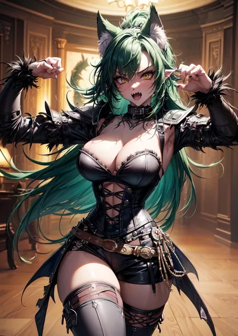 ((best quality, masterpiece, 4k, 8k, high res)), ((Solo)), ((vicious, extremely violent, attacking, fighting)), ((furry; Anthro Wolf)), moist, green hair, attacking, ferocious, fangs, full body, female werewolf, sexy, vibrant colors, (edgy punk hairstyle),...