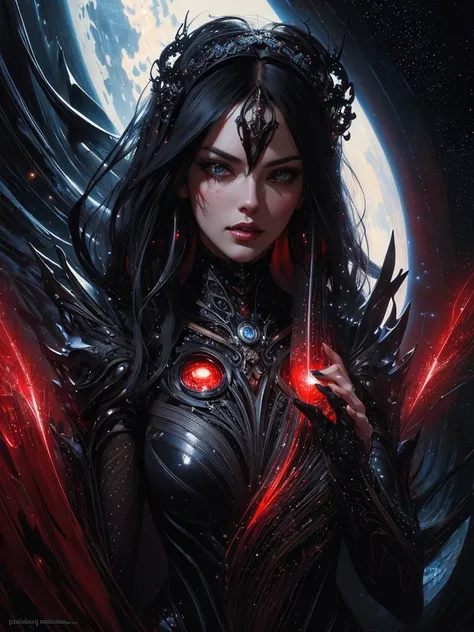 bright hyperdetailed photorealistic unique whimsical cosmic portrait of beautiful woman all in shining dark black with shining stars, red latex lace lingerii , sharp, pretty features, pretty face, Karol Bak, fantasy art, Wadim Kashin, James Gurney, Ink, sp...