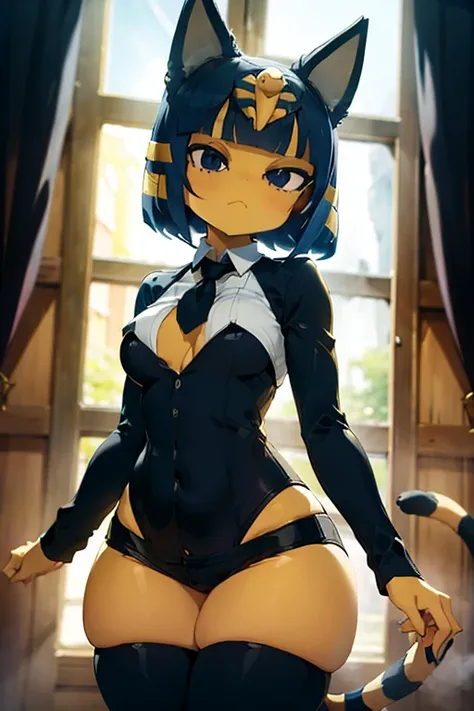 ankha, anime style, catgirl, cat ears, yellow fur, blue hair, blue cat tail, yellow stripes tail, shorts hair, wide hips, thick thighs, huge round ass, medium breast, business suit, formal suit, white shirt, long sleeve black formal suit, black necktie, bl...