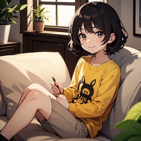 masterpiece, best quality, 1boy, solo, child, curly hair, very short hair, dark hair, dark eyes, yellow shirt, long sleeves, beige pants, living room, looking at viewer, smile